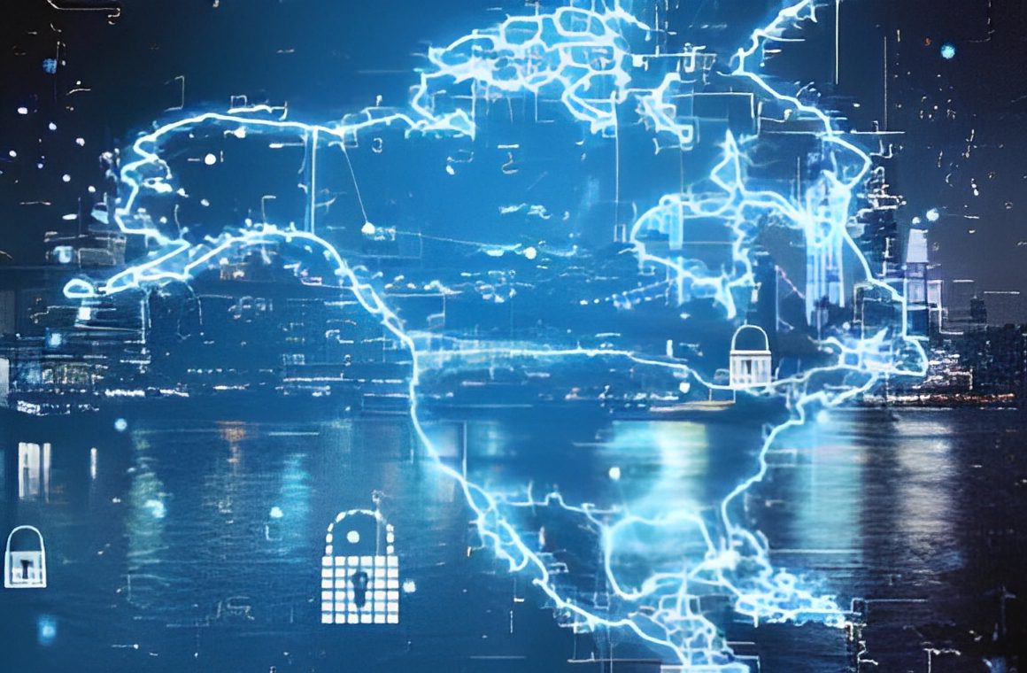 A glowing digital map of North America hovers over a city skyline at night, with lock icons representing security.