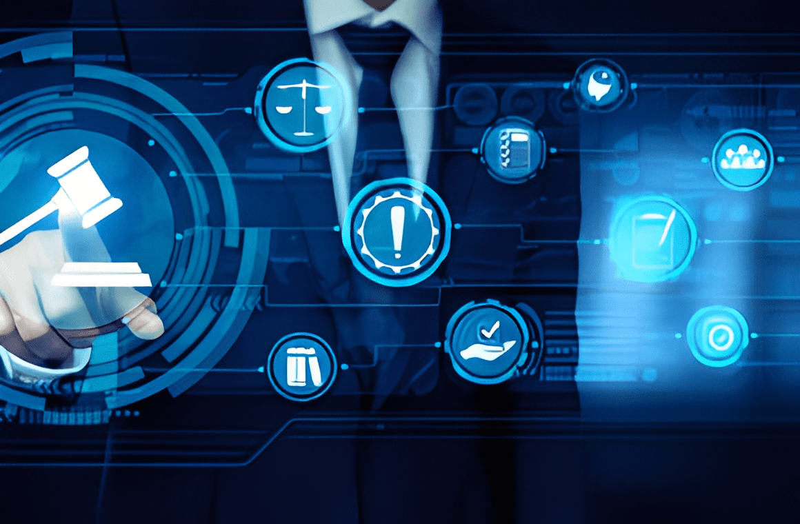 A person in a suit interacts with floating icons related to law, including a gavel, scales, and a pen, symbolizing legal concepts and justice.
