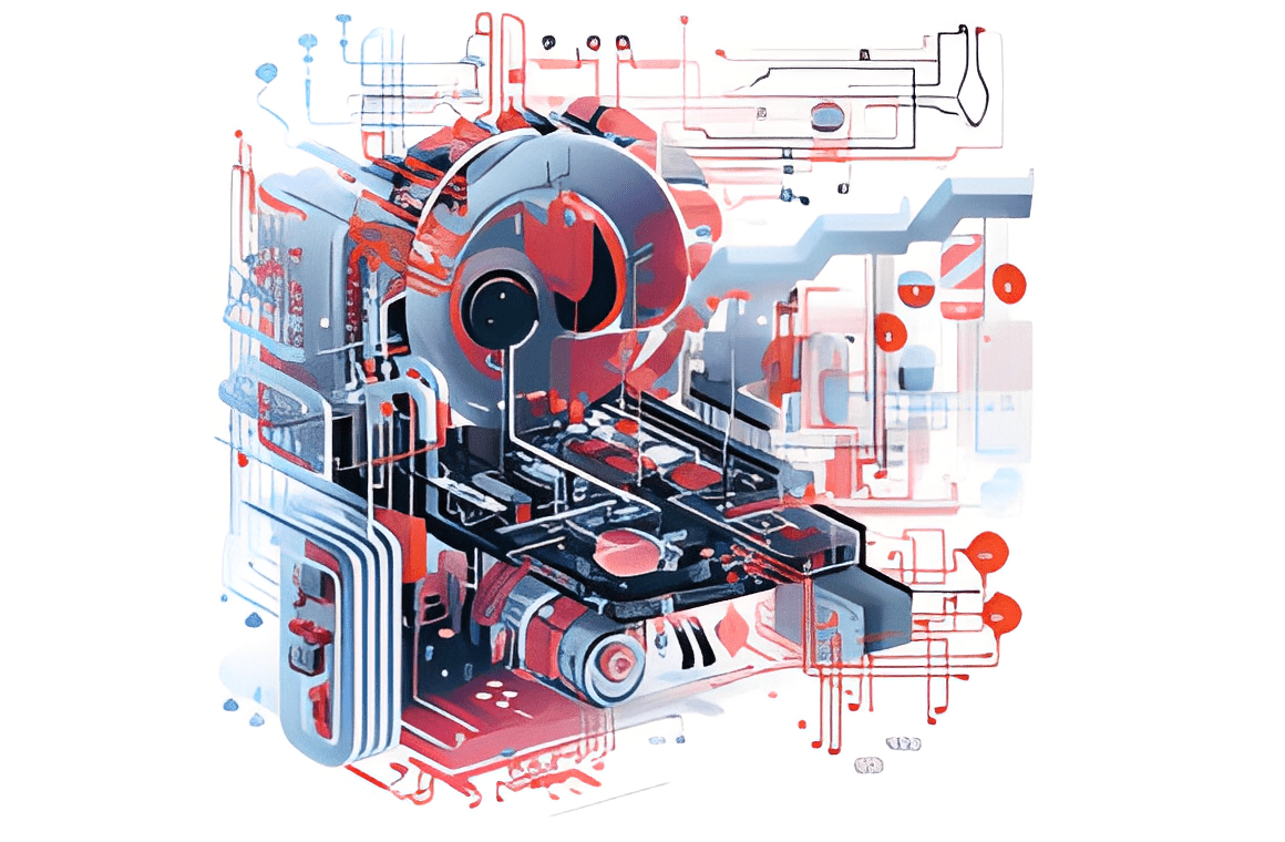 Abstract illustration of a complex machine with interconnected pipes and circuits in red, blue, and white colors, featuring gears and digital elements.