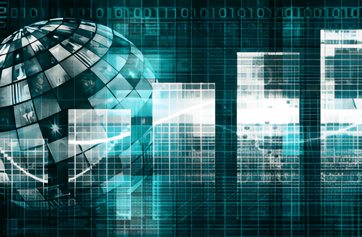 Digital globe with grid and binary overlays, set against a futuristic, abstract background in shades of teal and white, symbolizing technology and data networks.