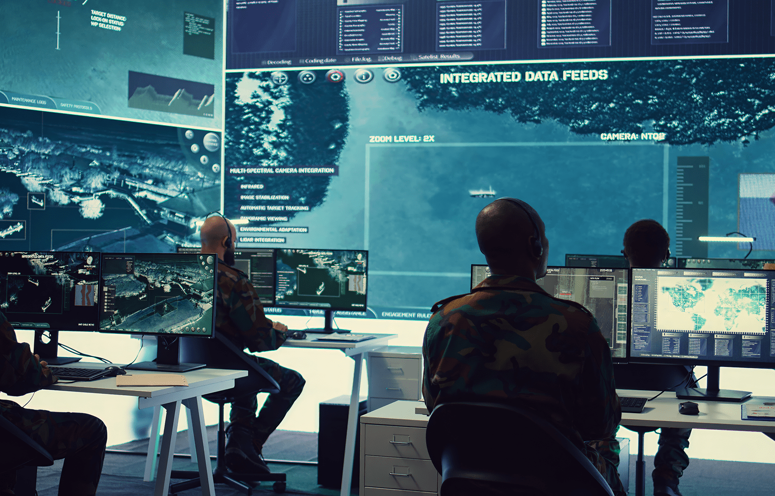 Two military personnel analyzing data on large digital screens in a high-tech control room.