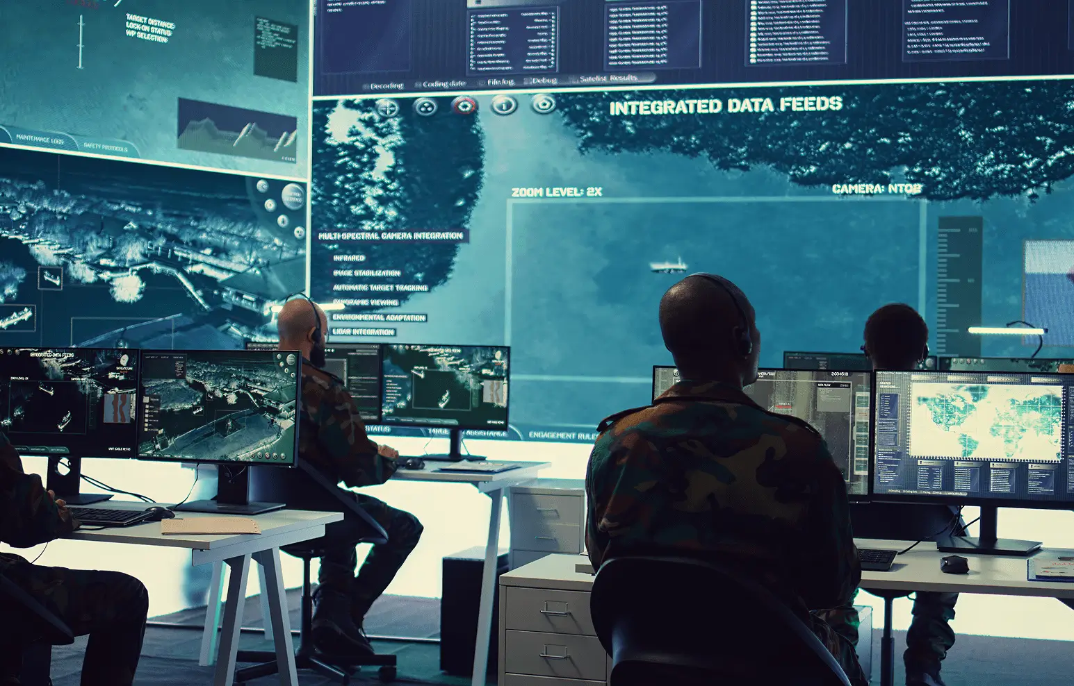 Two military personnel analyzing data on large digital screens in a high-tech control room.