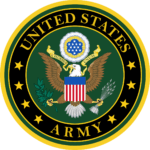 Official seal of the United States Army with eagle and shield.