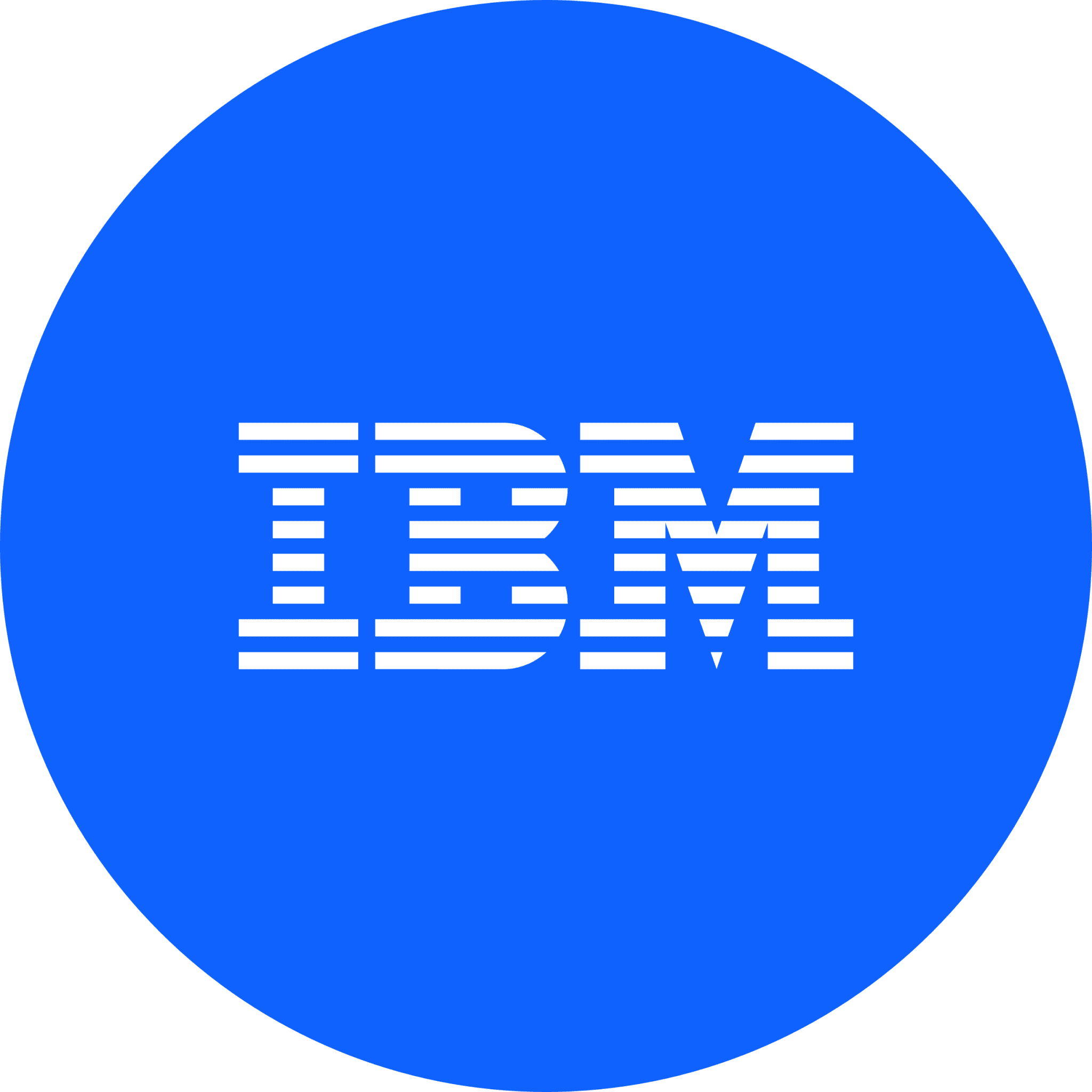 IBM logo with white stripes on a blue circle background.