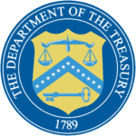 Seal of the U.S. Department of the Treasury with symbols of justice and finance.