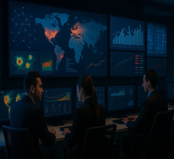 Three people analyze global data on multiple screens in a dark room.