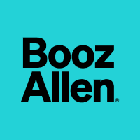 Booz Allen logo with black text on a cyan background.