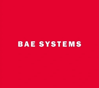 BAE Systems logo with white text on a red background.