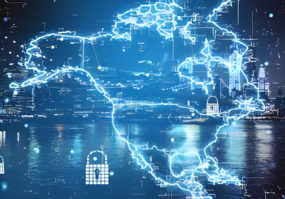 A glowing digital map of North America hovers over a city skyline at night, with lock icons representing security.
