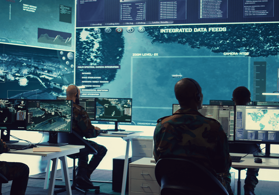 Two military personnel analyzing data on large digital screens in a high-tech control room.
