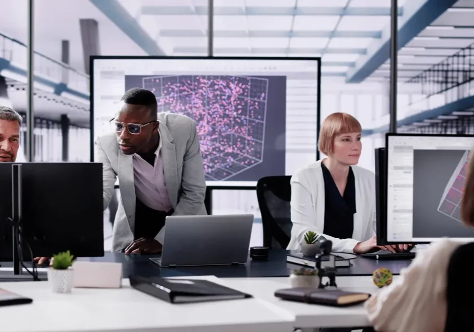 Team of professionals collaborating in a modern office with large digital screen.