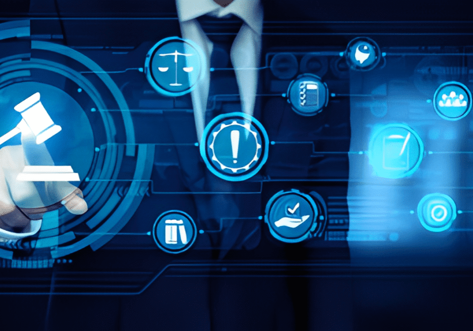 A person in a suit interacts with floating icons related to law, including a gavel, scales, and a pen, symbolizing legal concepts and justice.