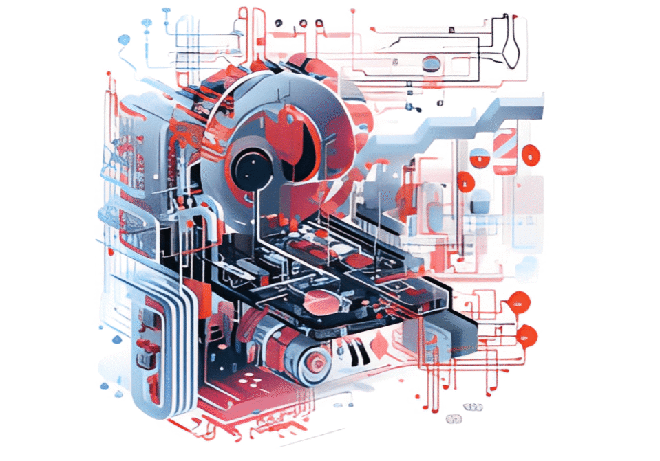 Abstract illustration of a complex machine with interconnected pipes and circuits in red, blue, and white colors, featuring gears and digital elements.