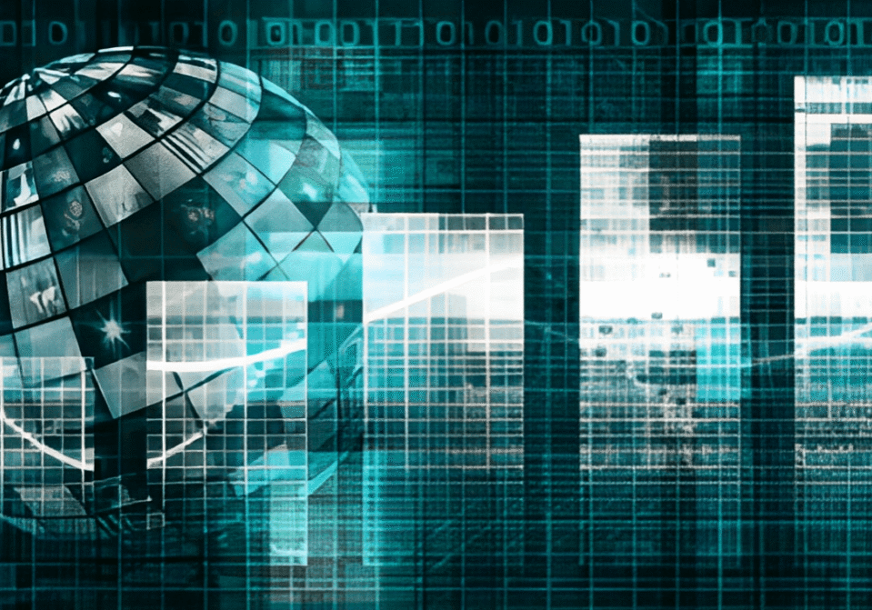 Digital globe with grid and binary overlays, set against a futuristic, abstract background in shades of teal and white, symbolizing technology and data networks.